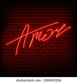 Neon word love in spanish and portuguese. A bright red sign on a brick wall. Element of design for a happy Valentine's day. Vector illustration