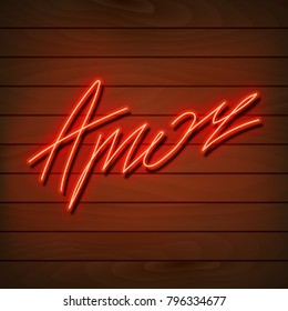 Neon word love in spanish and portuguese. A bright red sign on a wooden wall. Element of desigan for a happy Valentine's day. Vector illustration