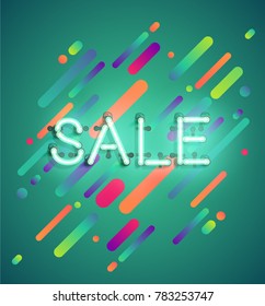 Neon word 'sale' with colorful lane background, vector illustration