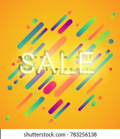 Neon word 'sale' with colorful lane background, vector illustration