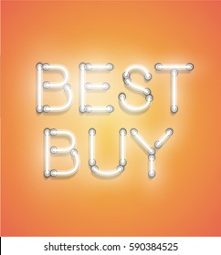 Neon words on orange background glowing for advertising, vector illustration