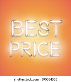Neon words on orange background glowing for advertising, vector illustration