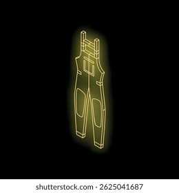 Neon work wear overalls icon glowing yellow against a black background, isometric vector illustration
