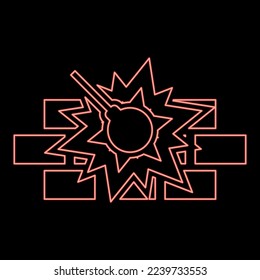 Neon working demolish machine on building construction Destroying brick wall with metal ball Wrecking house home concepting icon black color vector illustration flat style simple image red color