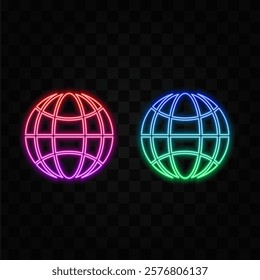 Neon world icon sketch. Glowing neon earth sign, globe pictogram in vivid colors.