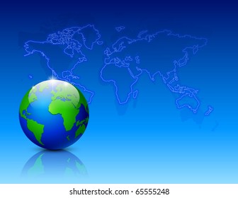 Neon world map with globe. Vector illustration