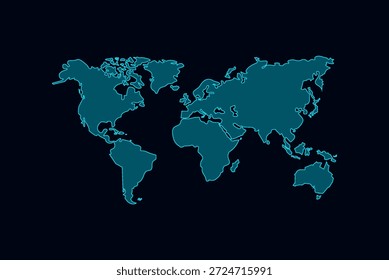 Neon World Map Outline on Dark Blue Background. Glowing cyan world map silhouette on a dark blue gradient background. Modern global network and technology concept. Vector world map