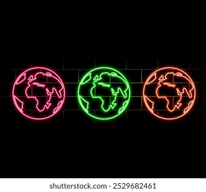 Mapa do mundo de Neon. Ilustração vetorial . Neon World Map isolado no fundo da parede de tijolos..2