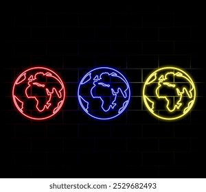 Mapa del mundo de neón. Ilustración vectorial. Mapa del mundo de neón aislado en el fondo de la pared de ladrillo.