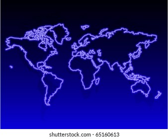Neon world map. Vector illustration