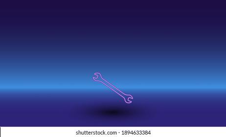 Neon wrench symbol on a gradient blue background. The isolated symbol is located in the bottom center. Gradient blue with light blue skyline
