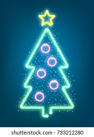 Neon Xmas signboard. Vector illustration with glowing christmas tree.