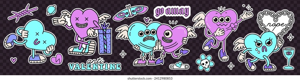 Neon y2k anti valentines day stickers set with retro cartoon cupid characters. 2000s anti love conception. Trendy Vector hand drawn illustration