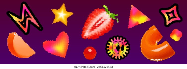 Neon y2k brutalism elements with pixel art - glowing gradient shapes, shimmering star, strawberry fruit, geometric shape symbols. Retro digital aesthetic for vaporwave graphic or nostalgic web design