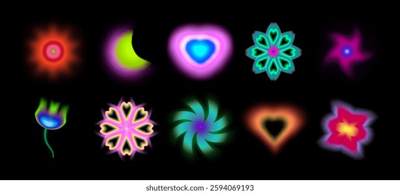 Neon y2k shapes with blur effect on dark background - glowing flowers and stars, hearts and crescent moon designs. Vibrant luminous symbols in bright colors for retro nostalgic 2000s digital art.