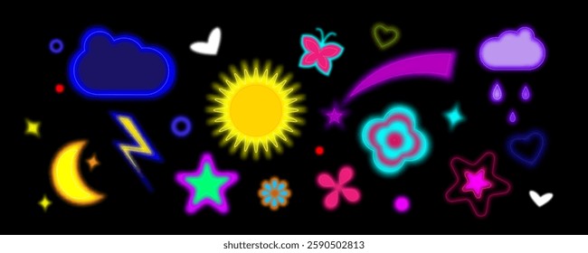 Neon y2k shapes on black background - glowing elements of sun and moon, stars and hearts, clouds with lightning bolt and rain drops, butterfly. Vibrant retro collection in 2000s style with blur effect