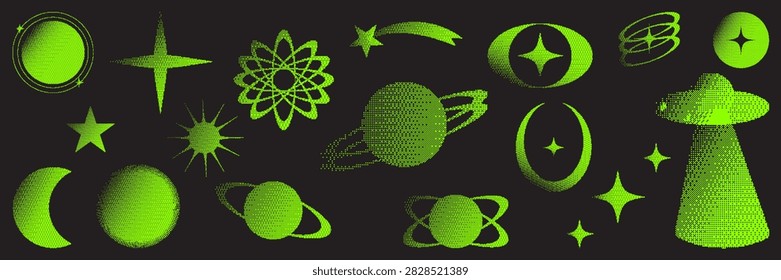 Neon Y2K space bitmap elements with halftone planets, moons, stars, orbits and UFO symbols in a retro futuristic style.
