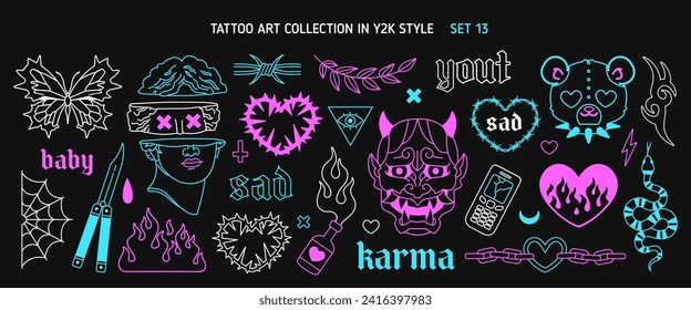 Neon Y2k Tattoo art stickers in 90s - 00s style. Butterfly, barbed wire, fire, flame, chain heart, snake,  neon psychedelic tattoo style. Vector 2000s tattoo designs in glow pink and blue style	