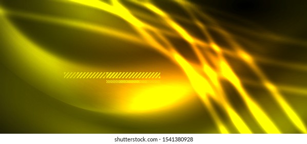 Neongelbe abstrakte Wellen, Hintergrund. Leuchtende Lichter in hellen Farben mit Designelementen. Futuristische oder technologische Vorlagengrafik, High-Tech-Konzept