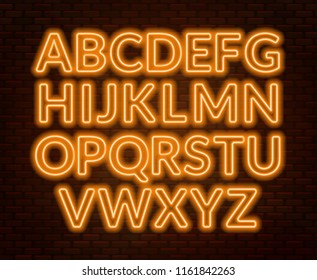 Neon Yellow Alphabet On Brick Wall Background. Capital Letter.