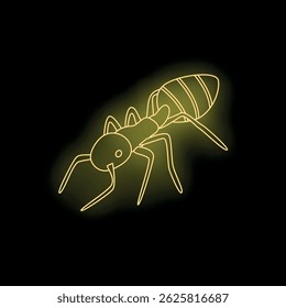 Neon yellow ant with glowing segmented body and legs walking on black background