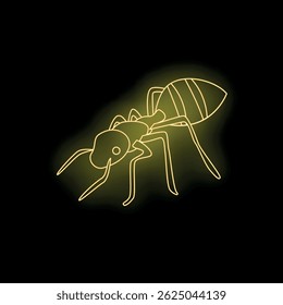 Neon yellow ant is walking in the dark