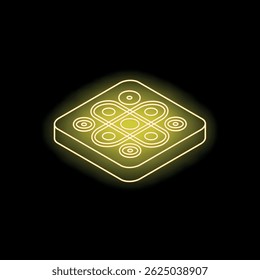 Neon yellow app icon glowing on a dark background, representing mobile apps and technology