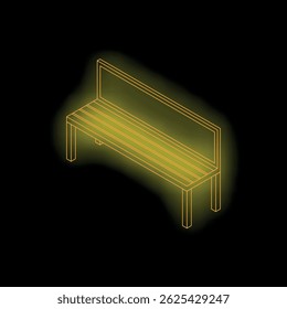 Banco amarillo neón con la parte posterior que brilla intensamente sobre fondo negro. Vista isométrica