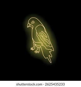Neon yellow bird standing, glowing on plain black background