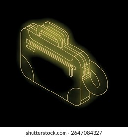 Neon yellow briefcase with handles and padlock, glowing on black background, representing business and security
