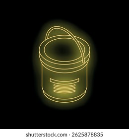 Neon yellow bucket glowing on black background, representing concepts like painting, construction, and diy projects