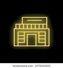 Neon yellow building facade with glowing lights is shining on a black background
