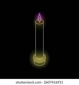Neon yellow candle burning with purple flame on a black background, perfect for spiritual concepts
