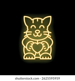 Neon yellow cat holding a heart icon, glowing bright on a black background