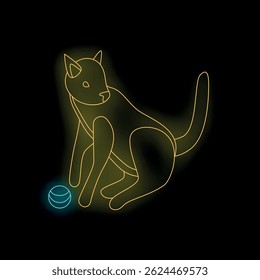 Neon yellow cat playing with a light blue ball, simple line art illustration on black background
