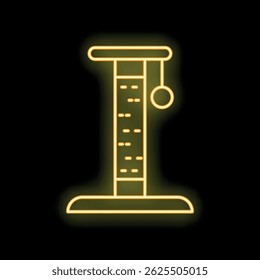 Neon yellow cat scratching post with toy ball icon glowing on black background