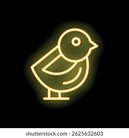 Neon yellow chick standing on a black background, glowing with warm light