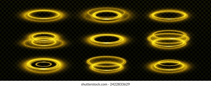 Portal de círculo amarillo neón o plataforma con efecto superpuesto de resplandor claro. Conjunto vectorial realista de podio futurista de anillo mágico con brillo y brillo. Holograma o peatón del juego teletransportador con agujero.