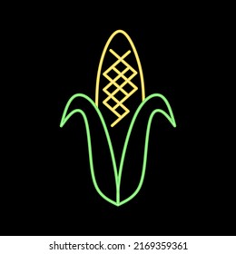 Neon yellow corn silhouette thin line icon for restaurant logo design. Vector illustration of a food mascot isolated on a black background.