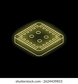 Neon yellow cpu chip is glowing on a black background