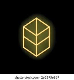 Cubo amarillo neón que brilla intensamente sobre fondo negro que representa el concepto de tecnología moderna, blockchain o criptomoneda