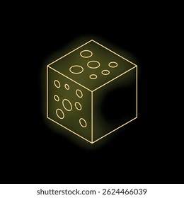 Neon yellow cube with holes representing cheese, glowing on black background, suggesting concepts of food, games, and abstract design