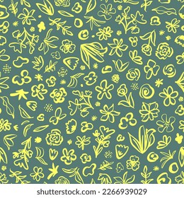 Neon yellow doodled flowers, leaves, herbs and more seamless repeat pattern. Random placed, hand drawn vector botany all over surface print on green background.