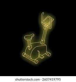 Neon yellow exercise bike glowing on a black background, representing fitness and healthy lifestyle