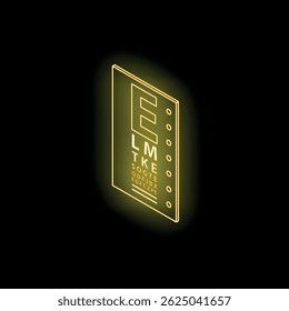 Neon yellow eye chart glowing on black background, concept for ophthalmology and eyesight