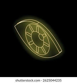 Neon yellow eye showing ship wheel on black background, representing concepts of vision, navigation, and guidance