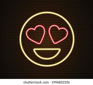 Neon yellow face vector illustration isolated on brick wall. Heart eyes emoticon. Love emoji.