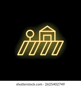 Ícone de terra agrícola amarelo neon com celeiro e campos no fundo preto