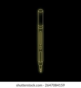 Neon yellow felt tip pen glowing on black background, simple icon style image