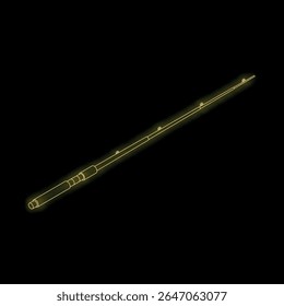 Neon yellow fishing rod glowing on black background, representing fishing, hobbies, and outdoor activities